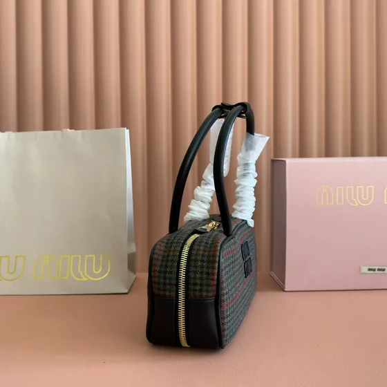 Miu Miu Alça superior Checked Mini Bag Khaki/Marrom/Verde/Vermelho Plaid With Preto T Alça superior