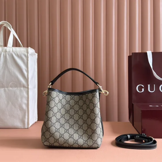 Gucci Gg Emblem Mini Bucket Bag Beige And Hitam Crossbody