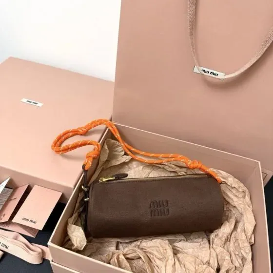 Miu Miu Canvas Cylinder Shoulder Bag Brown Crossbody