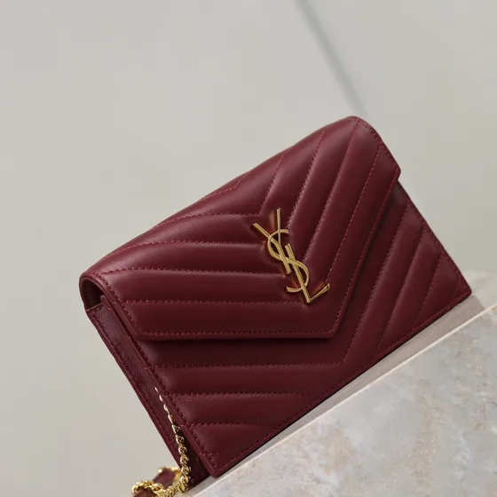 YSL Cassandre Matelassé Envelope Chain Wallet Merah marun Woc