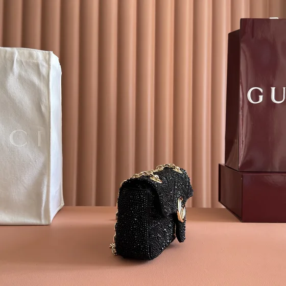 Gucci Gg Marmont Small Shoulder Bag With Crystal Hitam Shoulder Bag
