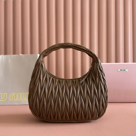 Miu Miu Matelass Nappa Leather Hobo Bag Brown Hobo