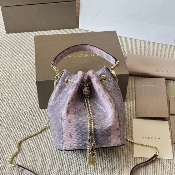 Bvlgari Serpenti Forever Bucket Bag Iridescent Metallic Light Pink Purple Bucket Bag