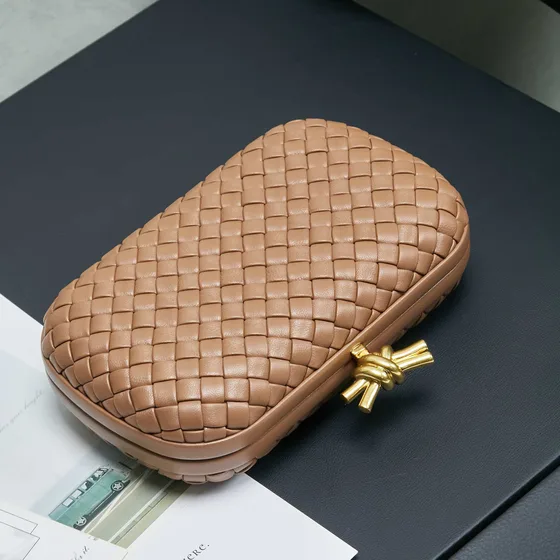 Bottega Veneta Intreccio Knot Clutch Camel Clutch