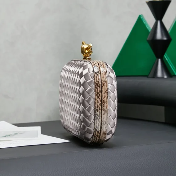Bottega Veneta Intreccio Satin Knot Clutch Light Gray Clutch