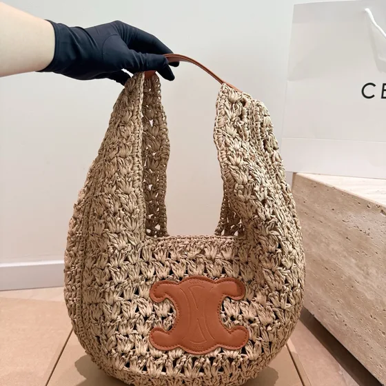 Celine Triomphe Raffia Hobo Bag Beige And Brun Hobo