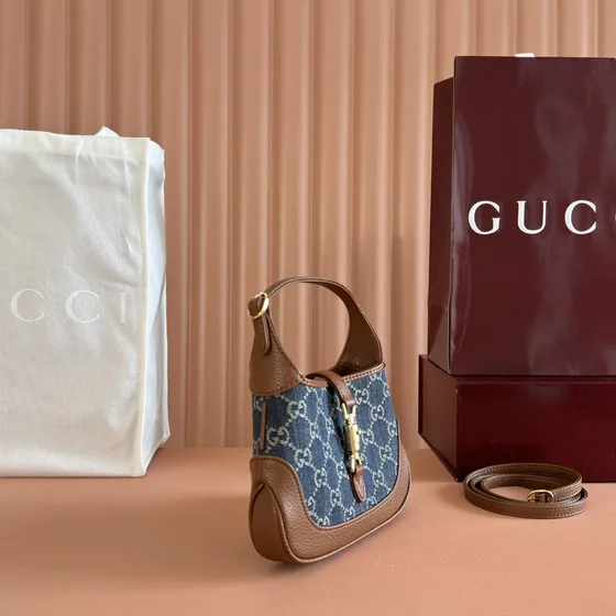 Gucci Jackie 1961 Mini Hobo Bag Denim Mavi With Kahverengi Deri Trim 19*13*3cm Hobo