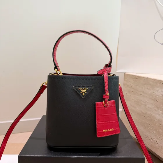 Prada Medium Panier Saffiano Leather Bucket Bag Black With Red Accents Top Handle Crossbody