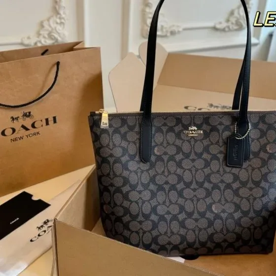 Coach Zip Top Tote In Signature Canvas Brown Black Tote Bag