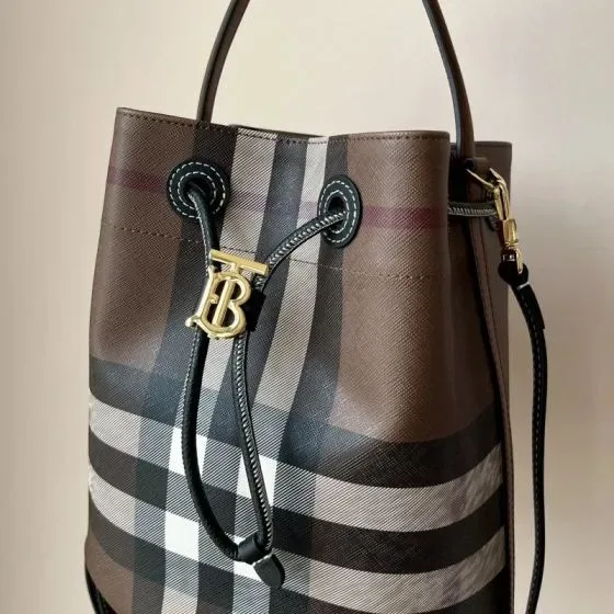 Burberry Check Drawstring Bucket Bag Brown Crossbody