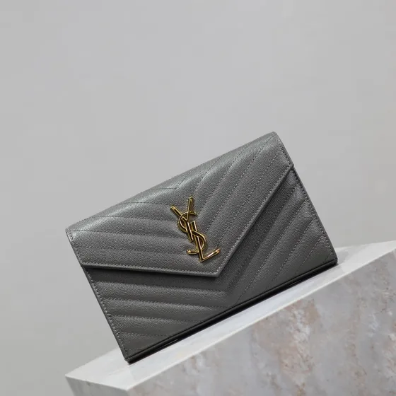 YSL Cassandre Matelass Envelope Chain Wallet Gray Woc