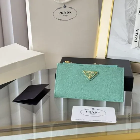 Prada Saffiano Leather Card Holder With Zipper Mint Green Card Holder