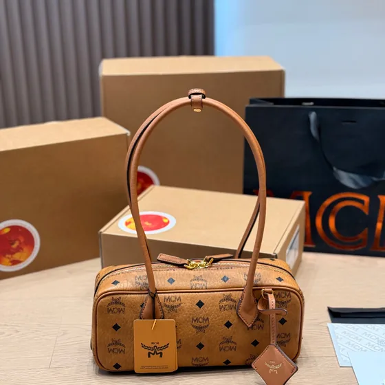 MCM Aren Boston Bag In Visetos Cognac Shoulder Bag