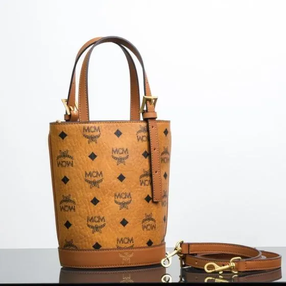MCM Aren Visetos Bucket Bag Cognac Brown Crossbody Top Handle