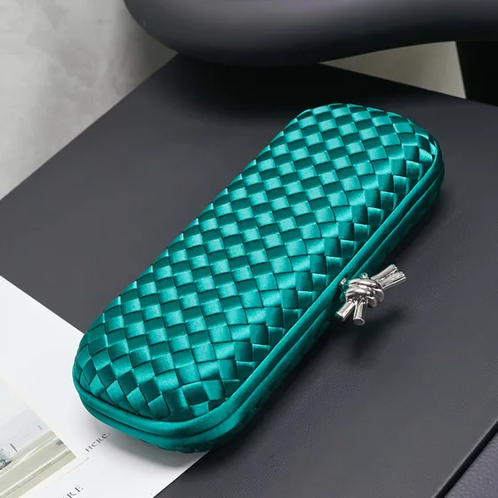 Bottega Veneta Intreccio Satin Knot Clutch Emerald Green Clutch