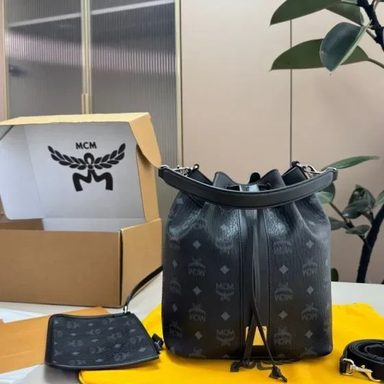 MCM Aren Visetos Drawstring Bucket Bag Black Shoulder Bag