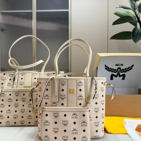MCM Aren Visetos Shopper Tote Beige Tote Bag