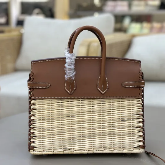 Hermes Birkin 25 Wicker Picnic Braun/Beige Wicker 25cm Henkel