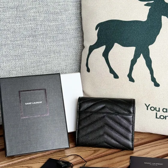 YSL Cassandre Matelass Compact Envelope Wallet Black Wallet