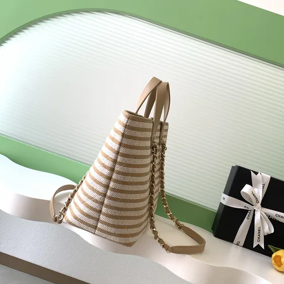 Chanel Deauville Tote Beige White Striped Tote Bag