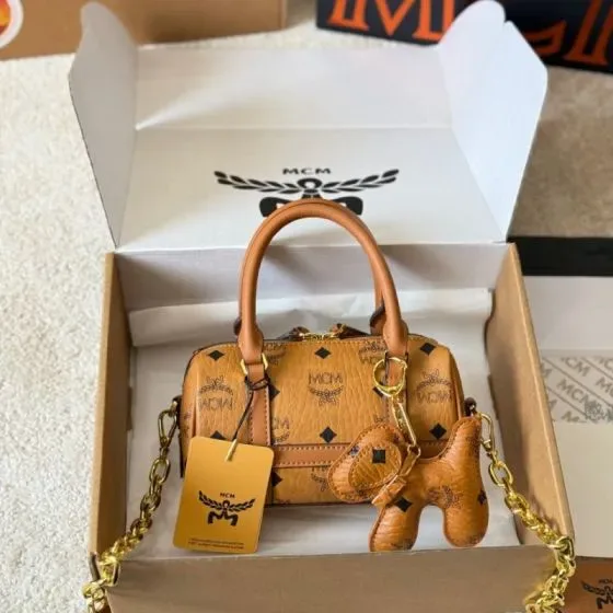 MCM Mini Visetos Boston Bag Cognac Brown Top Handle
