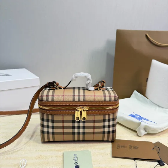 Burberry Vintage Check Crossbody Vanity Bag Beige Check With Brown Leather Trim Crossbody