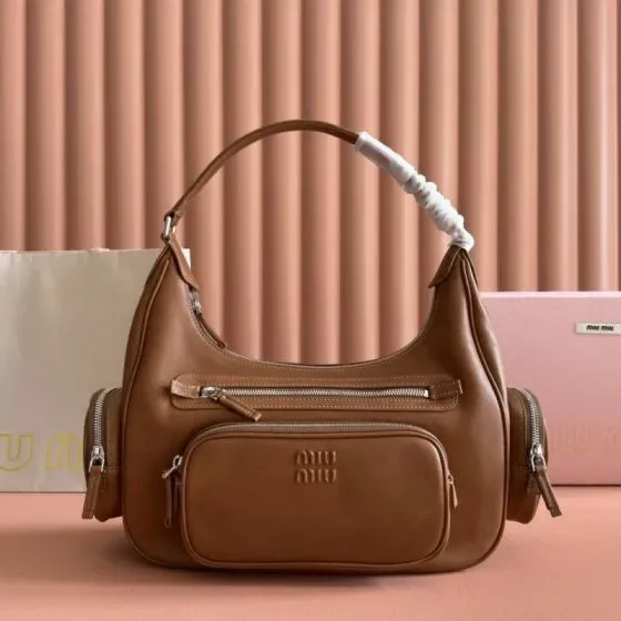 Miu Miu Leather Pocket Hobo Bag Brown Hobo