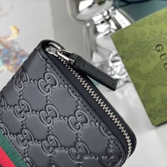 Gucci Brieftasche Schwarz GG embossed Leder with Grün-Rot Web everyday