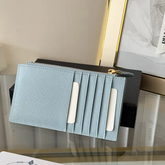 Prada Saffiano Kulit Card Holder With Zipper Light Biru Card Holder
