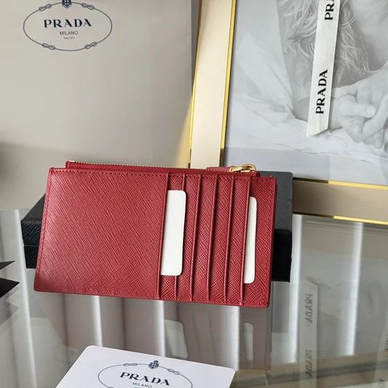 Prada Saffiano Pelle Card Holder With Zipper Rosso Card Holder
