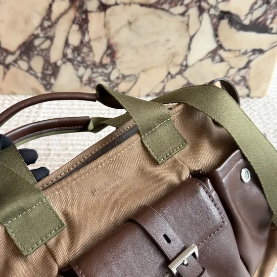 Prada Lona And Couro Work Tote Khaki/Marrom/Olive Verde Alça superior
