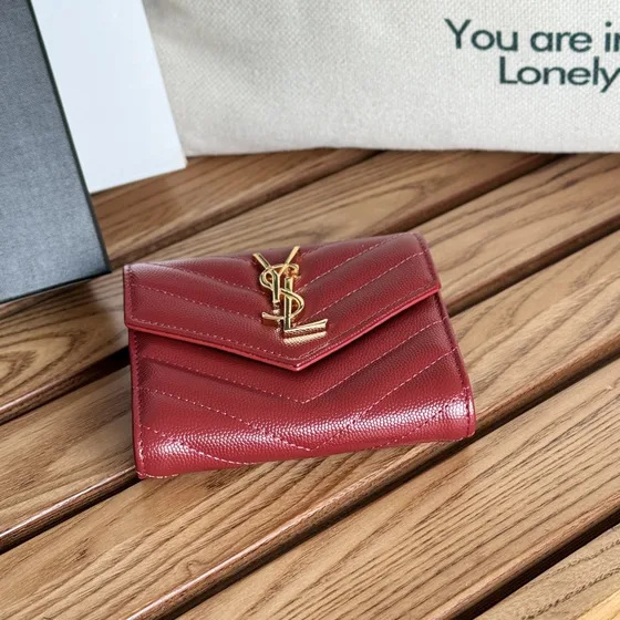 YSL Cassandre Matelassé Compact Tri Fold Wallet Wine Đỏ Wallet