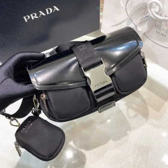 Prada Re-Nylon And Brushed Leather Shoulder Bag With Pouch Black Crossbody