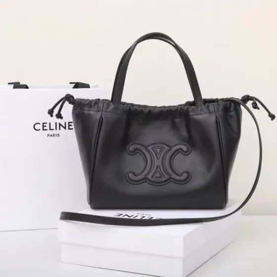 Celine Cuir Triomphe Drawstring Cabas Black Tote Bag