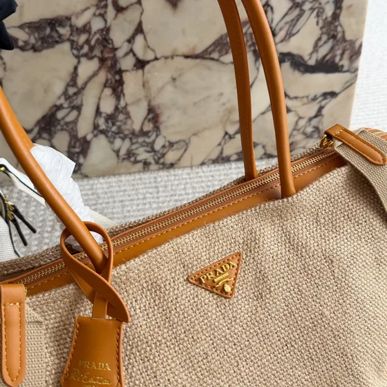 Prada Linen Blend Tote Bag With Shoulder Strap Beige Tote Bag