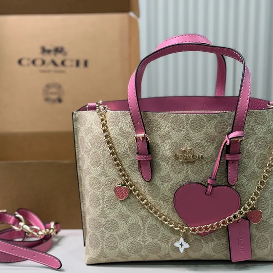 Coach Mollie Tote 25 In Signature Canvas With Strap And Charms Khaki Petunia Tote Bag