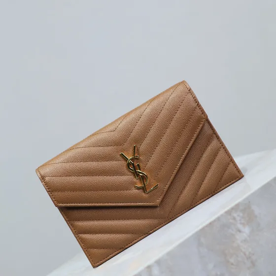 YSL Cassandre Matelass Envelope Wallet On Chain Tan Gold Woc