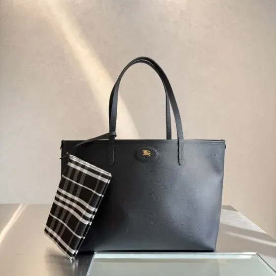 Burberry Grainy Leather Small Tote Bag With Detachable Check Pouch Black Tote Bag