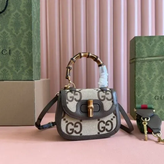 Gucci Bamboo 1947 Jumbo Gg Mini Top Handle Bag Beige Dark Brown Top Handle