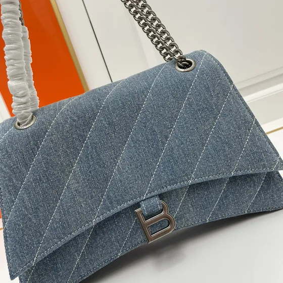 Balenciaga Crush Medium Chain Bag Quilted Denim Blå Crossbody
