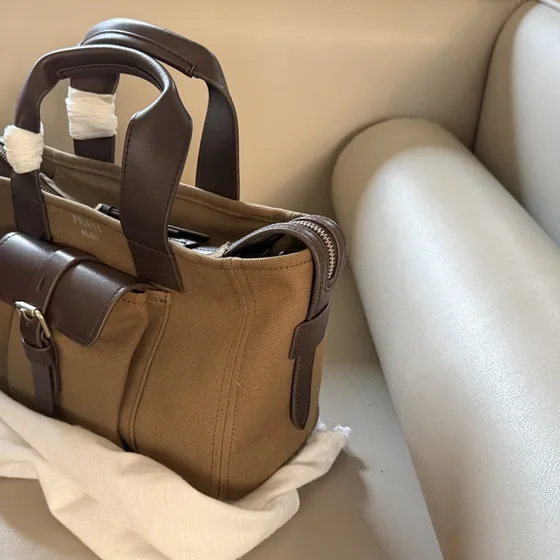 Prada Canvas Leather Buckle Tote Brown Tote Bag