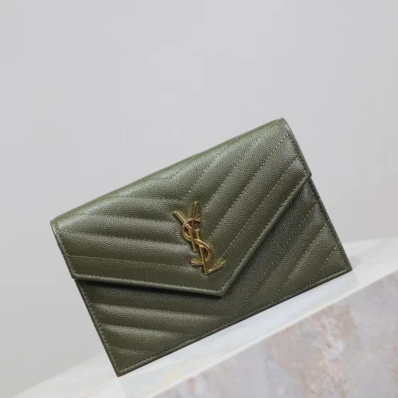 YSL Cassandre Matelass Envelope Chain Wallet Olive Green Woc