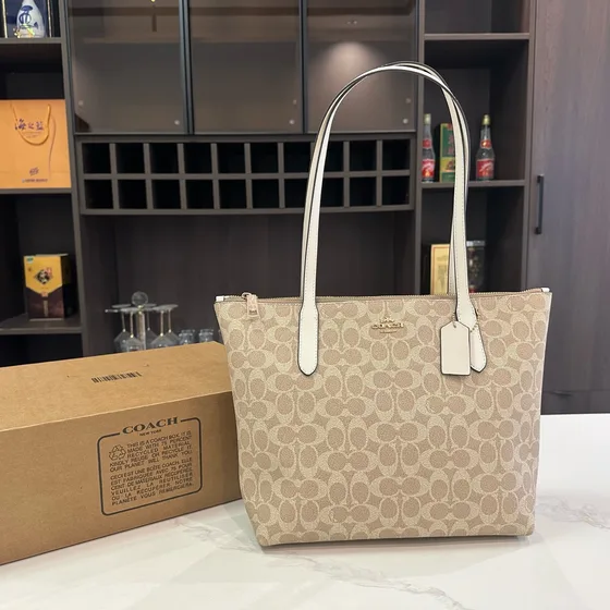 Coach Zip Top Tote In Signature Canvas Brown Black Tote Bag