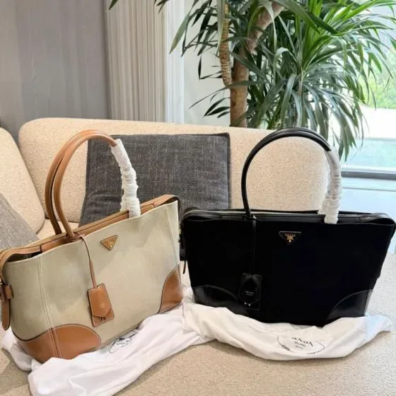 Prada Canvas Leather Tote Beige Cognac Black Tote Bag