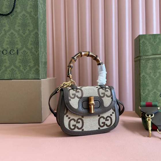 Gucci Bamboo 1947 Jumbo Gg Mini Asa superior Bag Beige/Dark Marrón Asa superior