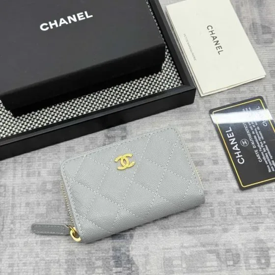Chanel Classic Zipped Coin Purse Light Grey Card Holder