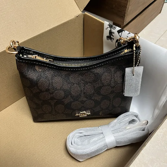 Coach Signature Doek Zip Schoudertas Dark Bruin/Zwart Schoudertas