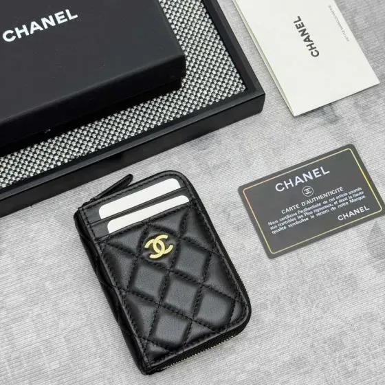 Chanel Diamond Quilted Zip Card Holder Black Card Holder