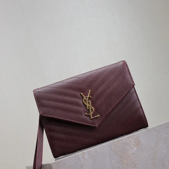 YSL Cassandre Matelass Envelope Wristlet Pouch Burgundy Pouch
