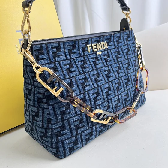 Fendi O Lock Zip Dark Blue Shoulder Bag